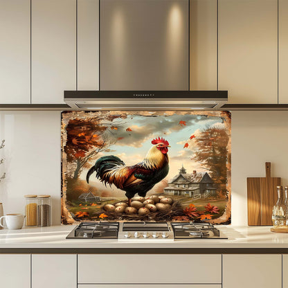 Kitchen with a decorative glass splashback featuring a rooster and eggs.