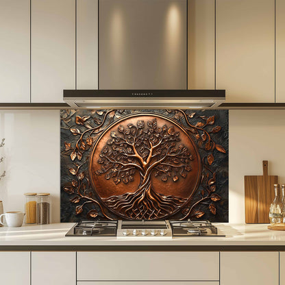 Decorative backsplash with tree design above a kitchen stove