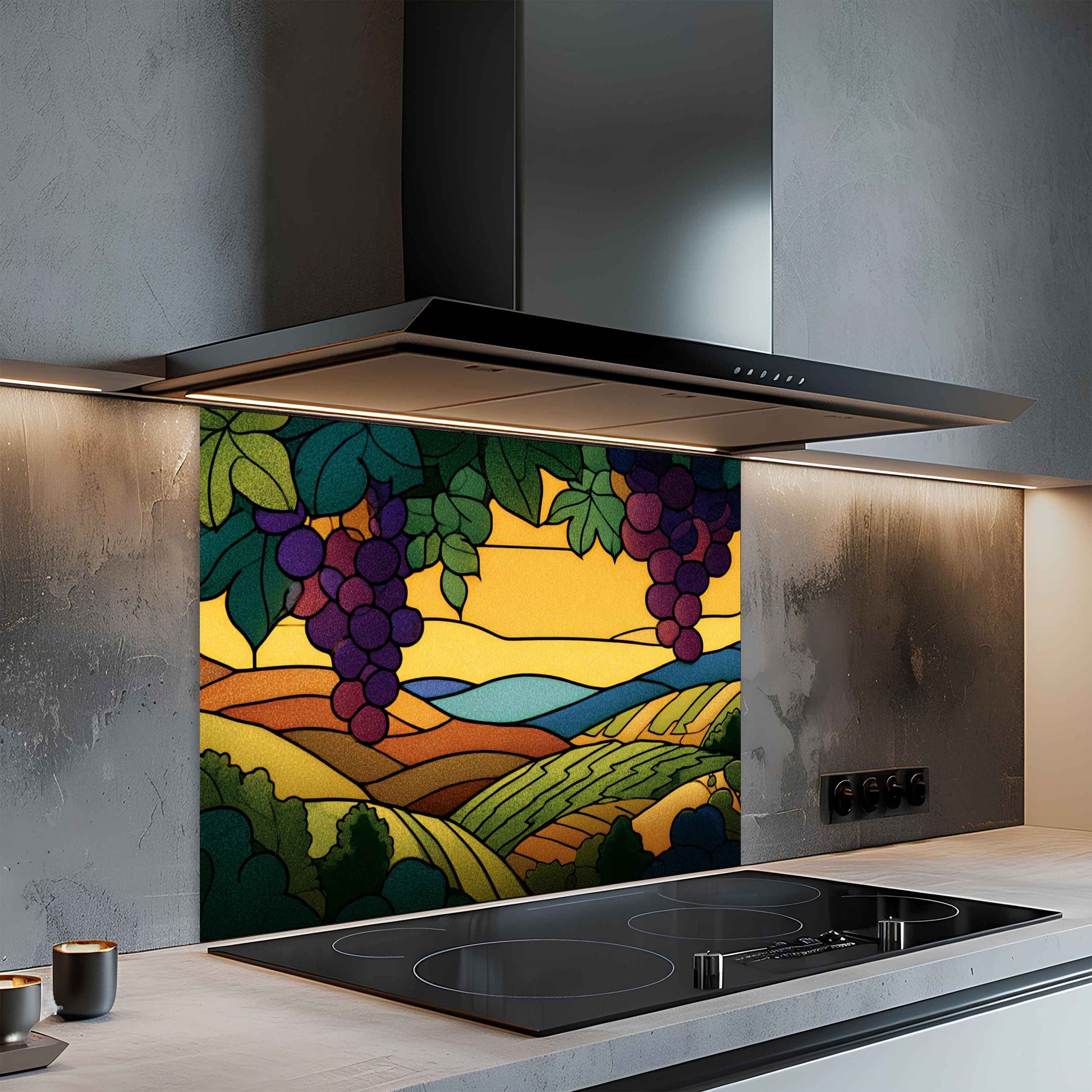 Modern kitchen with a decorative glass splashback featuring a vineyard scene.