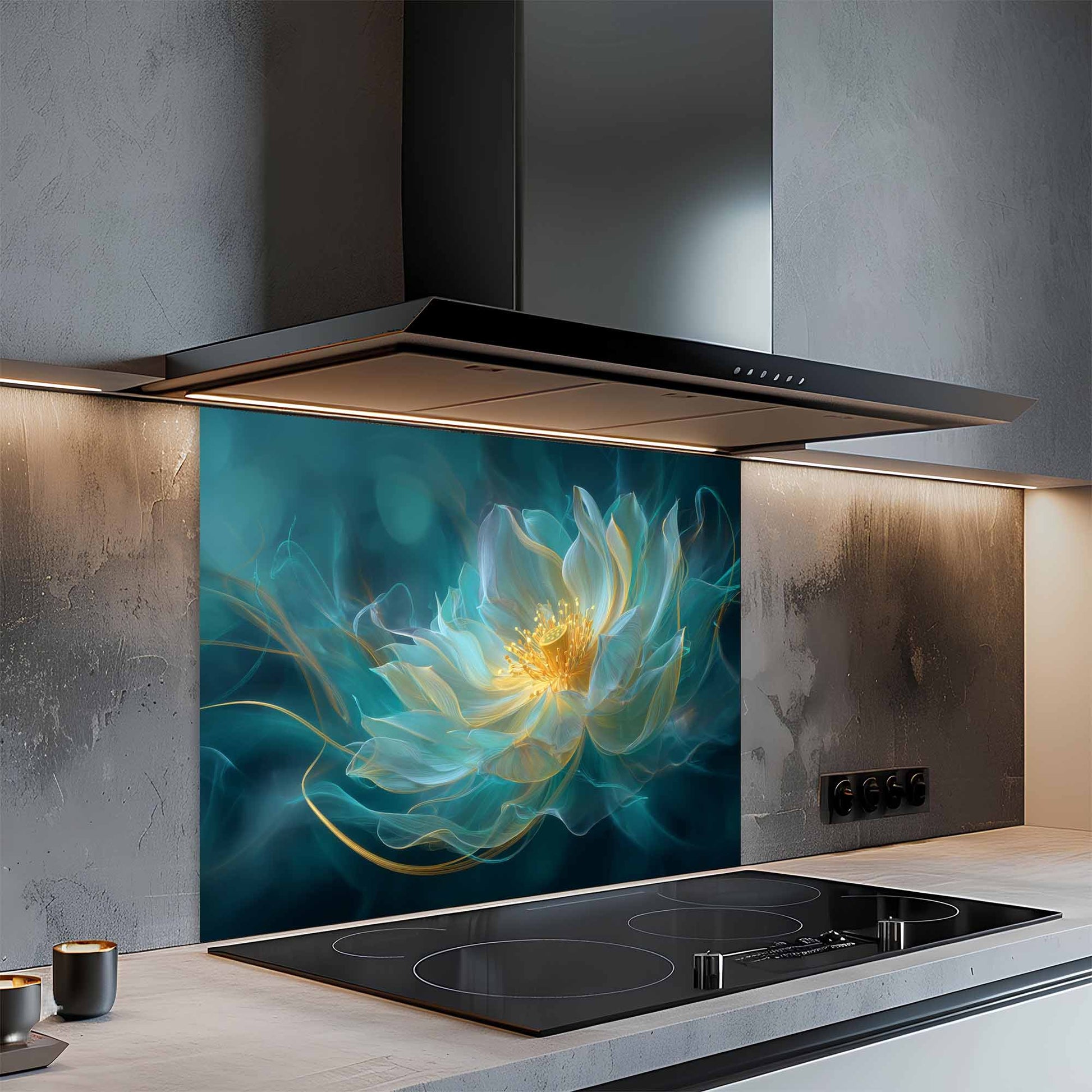 Modern kitchen with a decorative glass splashback featuring a floral design.