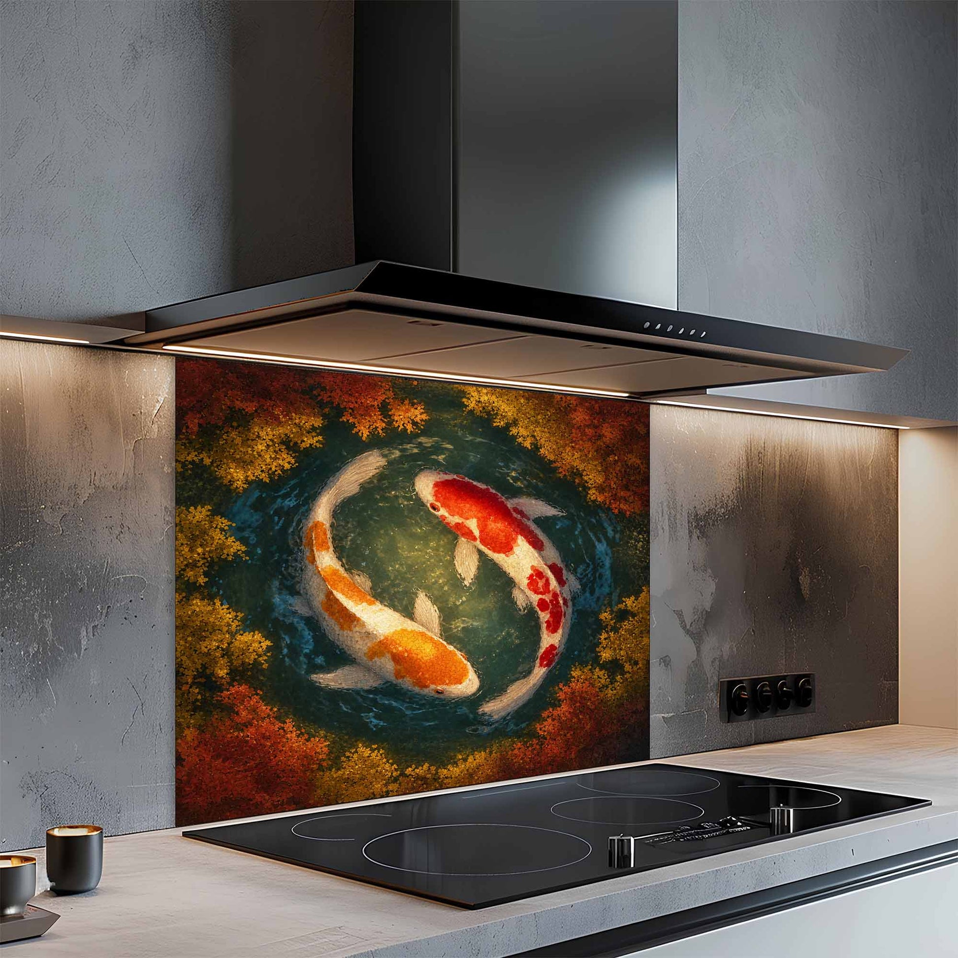 Modern kitchen with a decorative glass splashback featuring two koi fish.