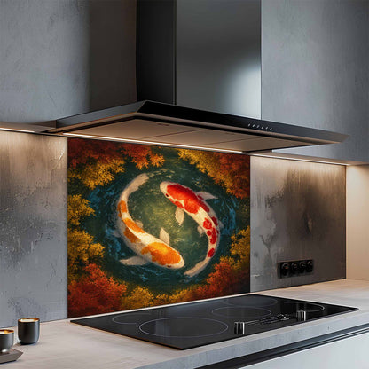 Modern kitchen with a decorative glass splashback featuring two koi fish.