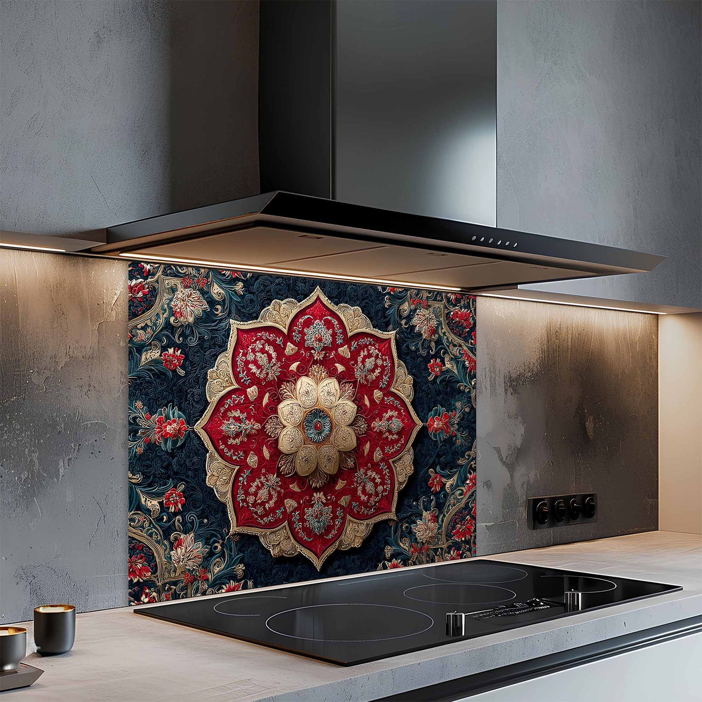 Modern kitchen with a decorative glass backsplash featuring a floral design.
