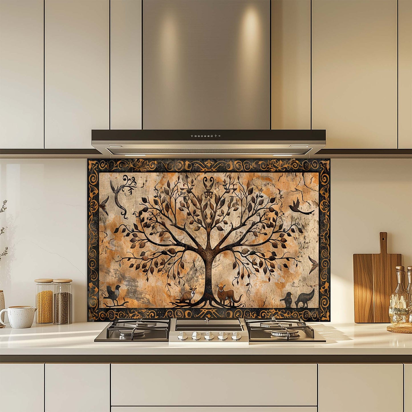 Decorative kitchen glass backsplash with tree design above a stove