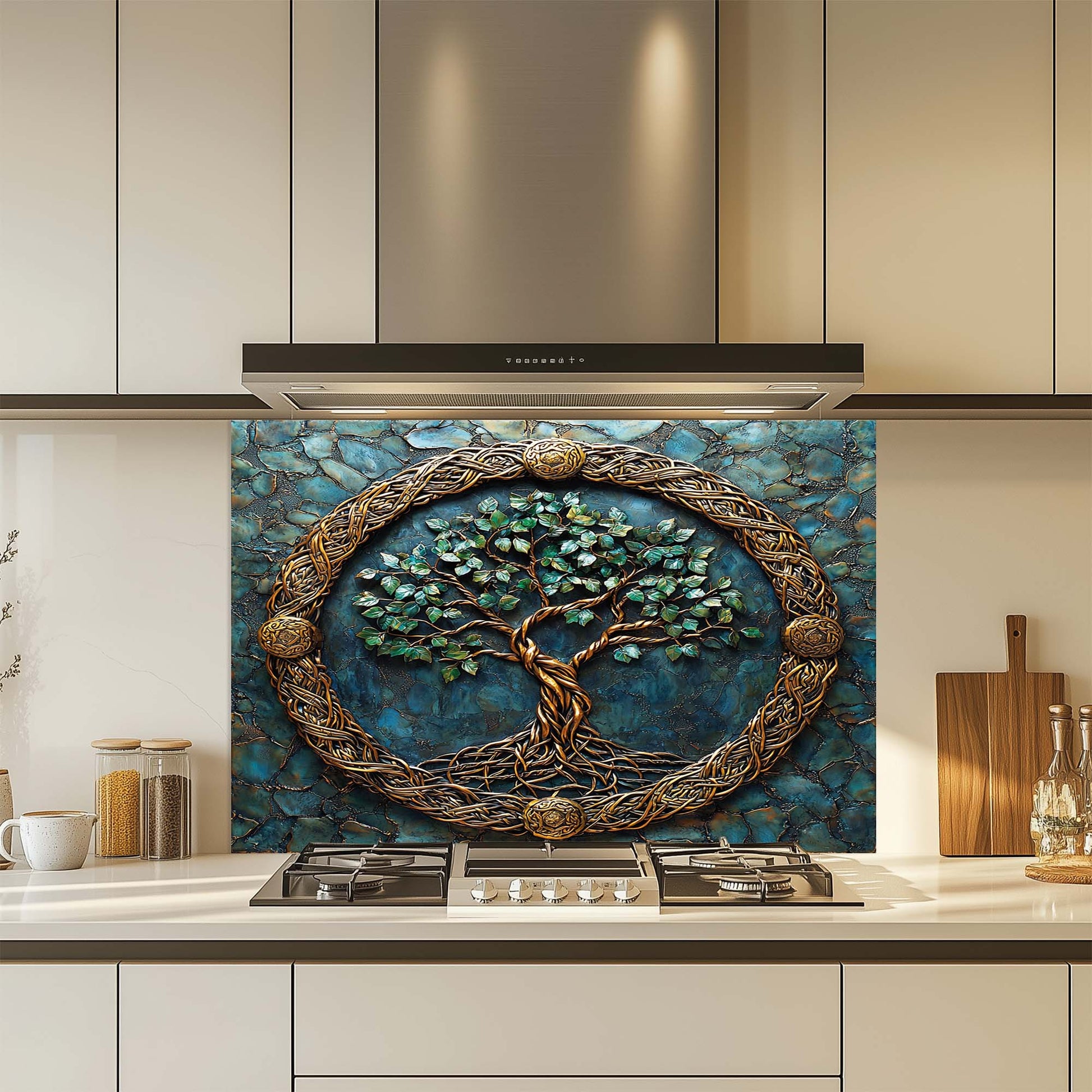 Decorative glass splashback with tree design in a kitchen
