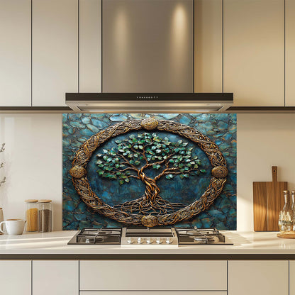 Decorative glass splashback with tree design in a kitchen