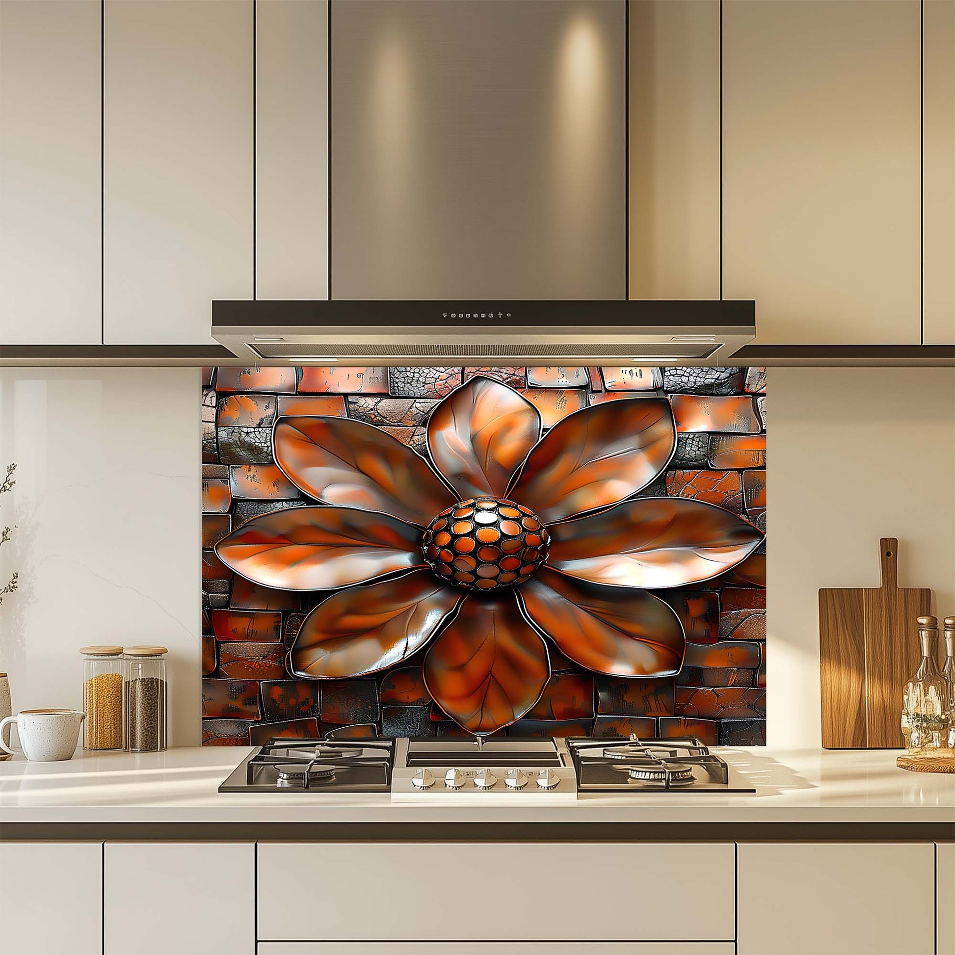 Decorative kitchen backsplash with a floral design in a modern kitchen.