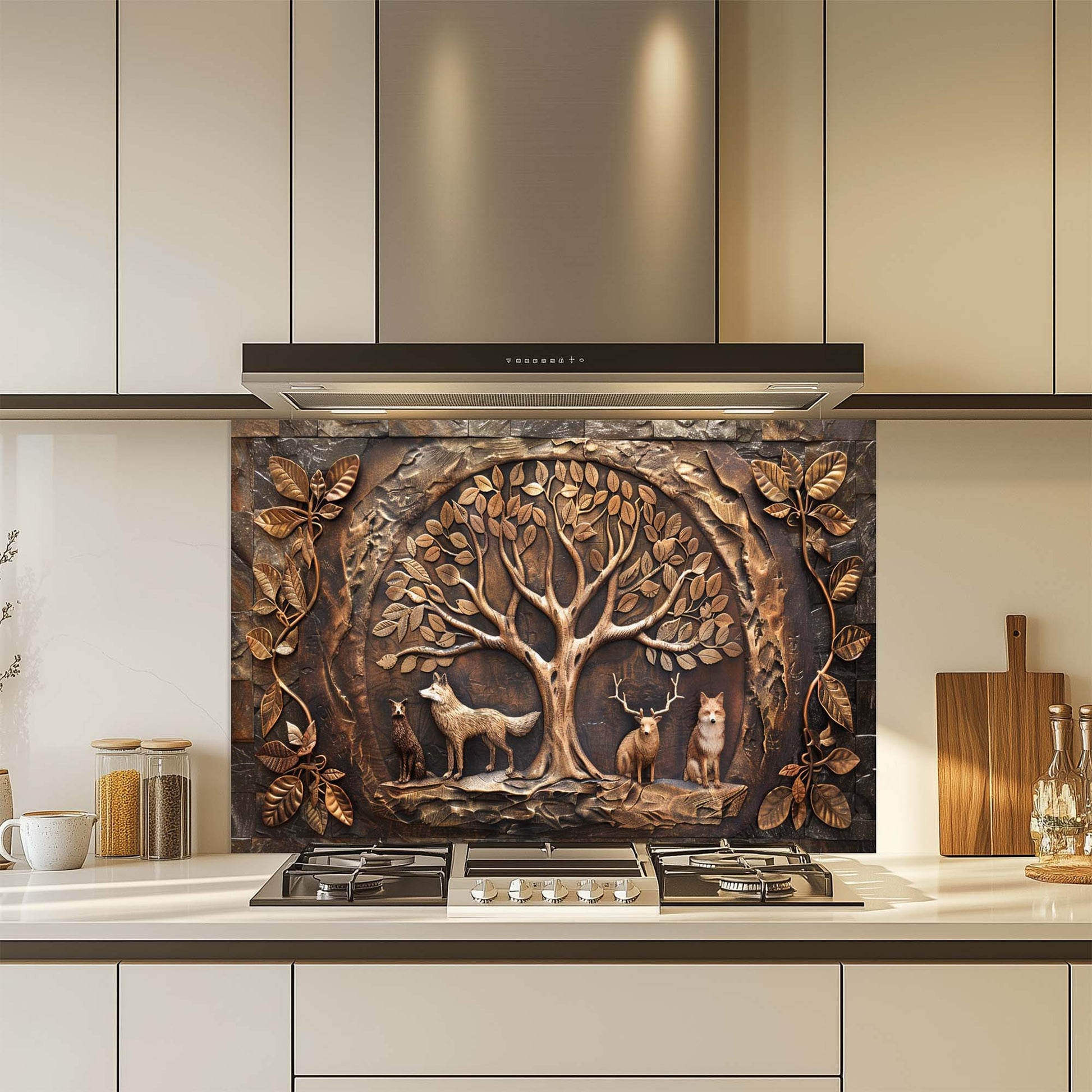 Decorative glass splashback with nature-themed design in a kitchen