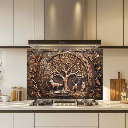 Decorative glass splashback with nature-themed design in a kitchen