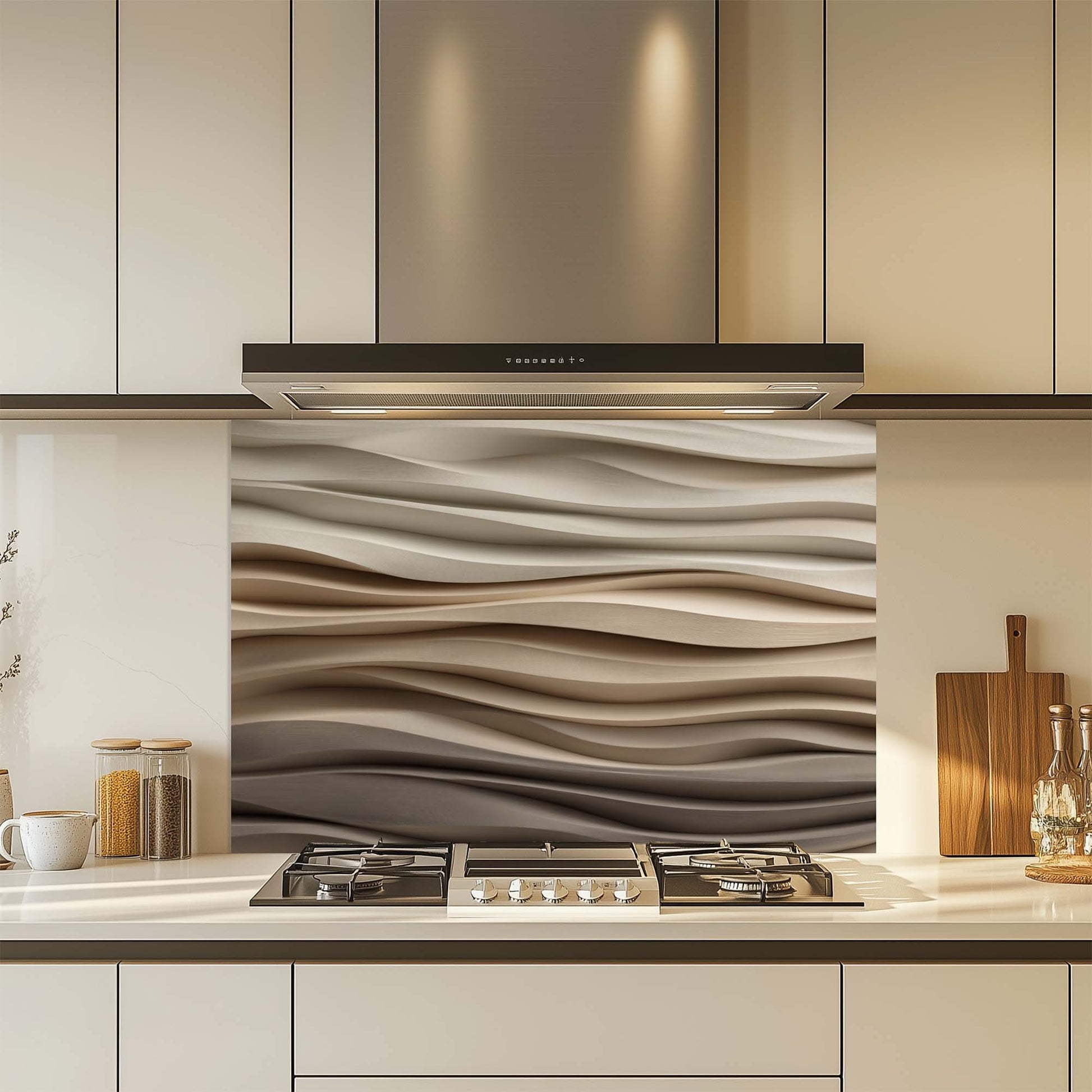 Modern kitchen with a decorative wave-patterned glass backsplash