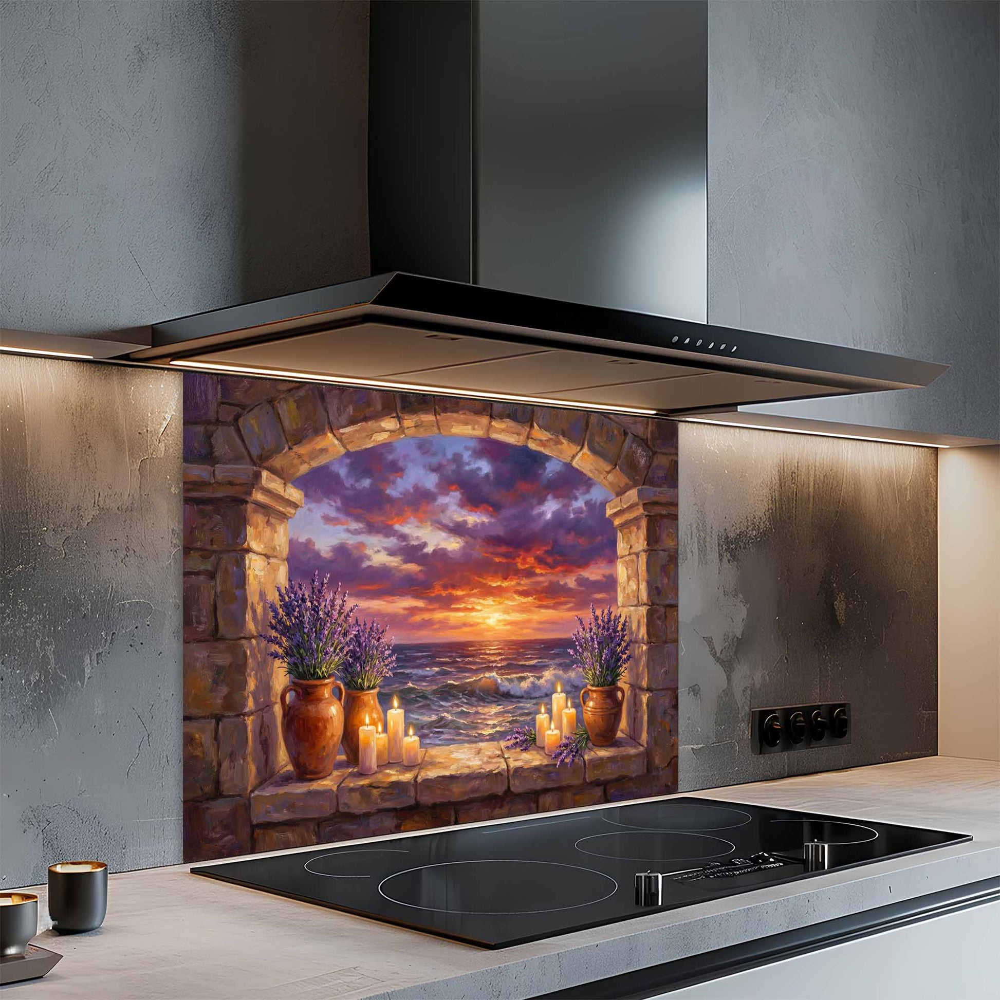 Modern kitchen with a decorative glass backsplash featuring a sunset over water scene.