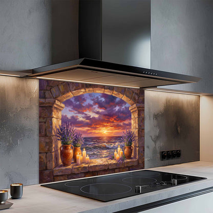 Modern kitchen with a decorative glass backsplash featuring a sunset over water scene.