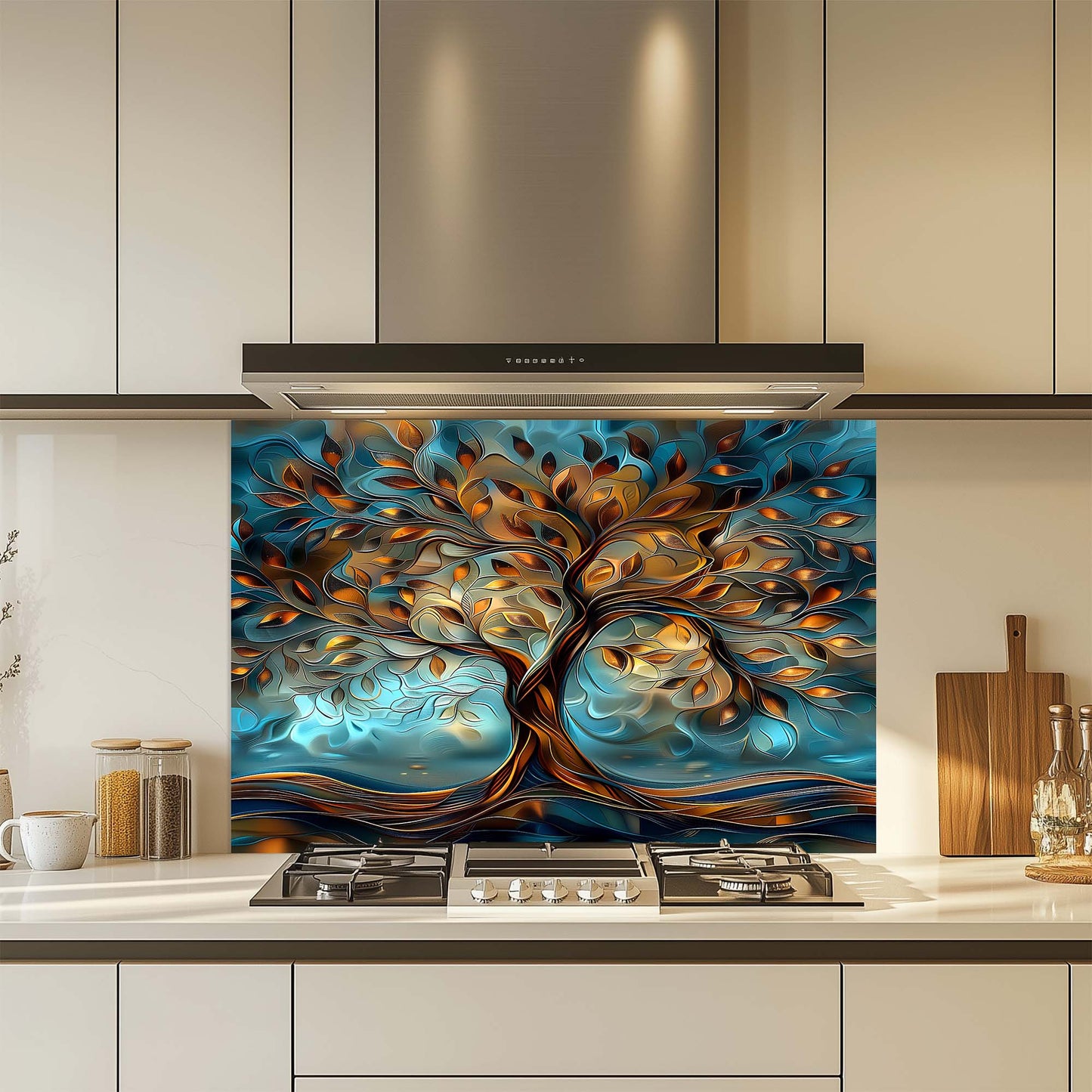 Kitchen with a decorative glass splashback featuring a tree design.