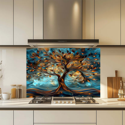 Kitchen with a decorative glass splashback featuring a tree design.
