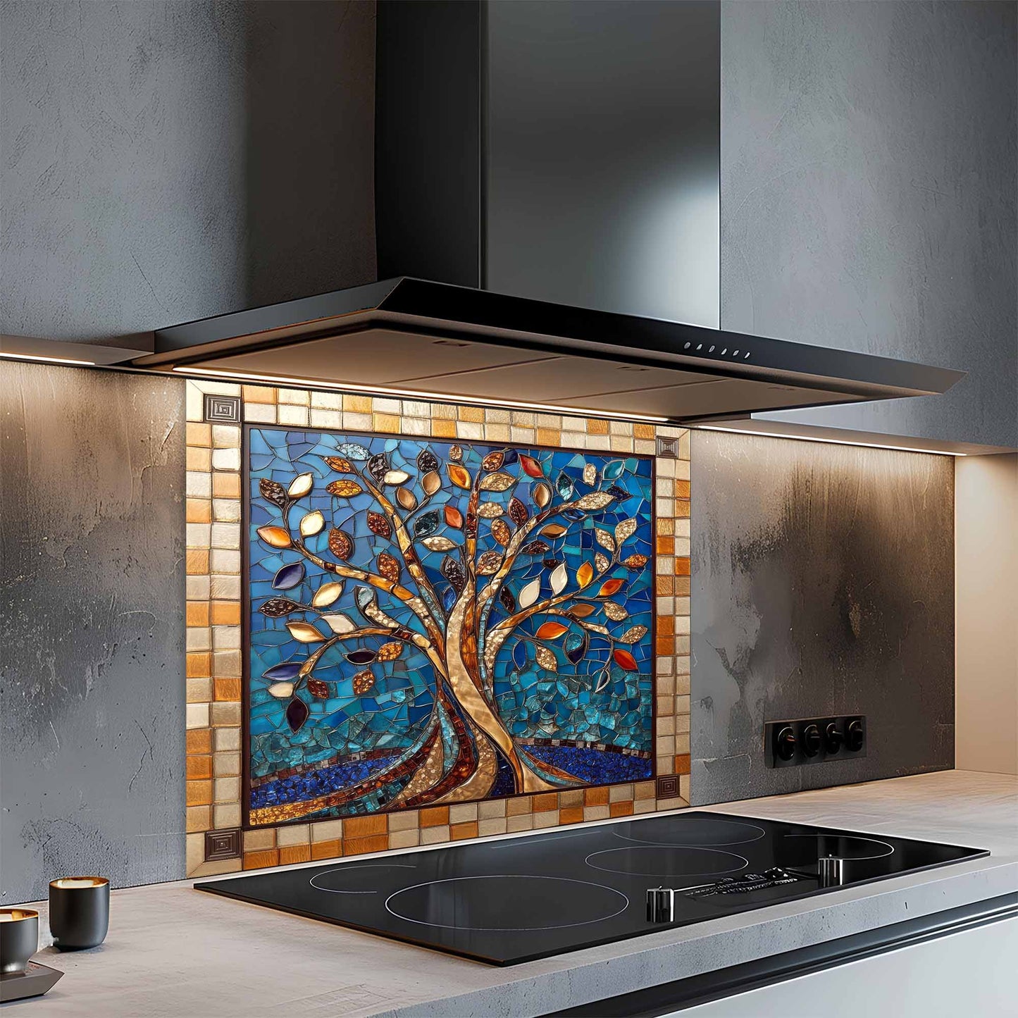 Modern kitchen with a decorative mosaic glass backsplash featuring a tree design.