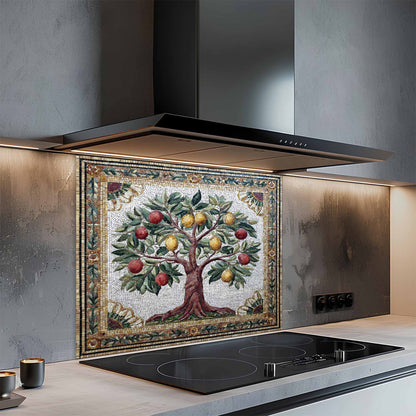 Decorative backsplash with a tree of life design above a stove in a modern kitchen.