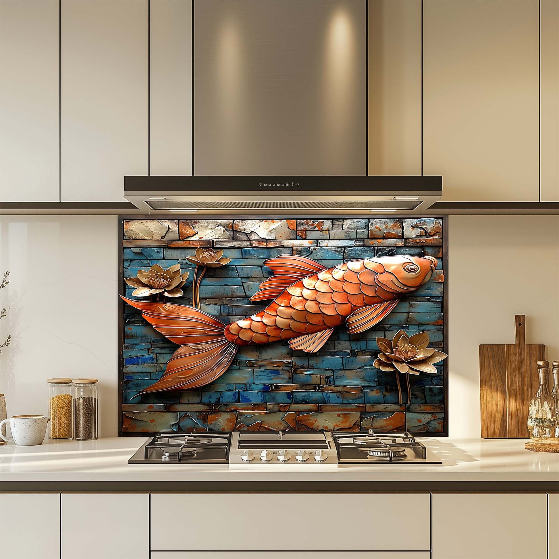 Kitchen with a decorative fish and lotus glass backsplash above a stove.