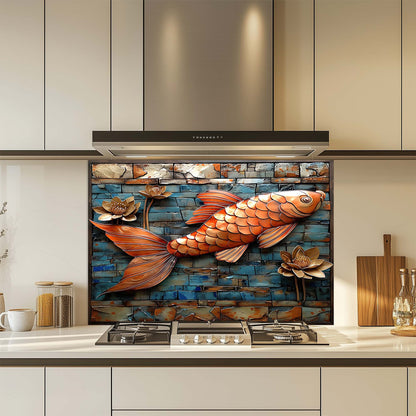 Kitchen with a decorative fish and lotus glass backsplash above a stove.