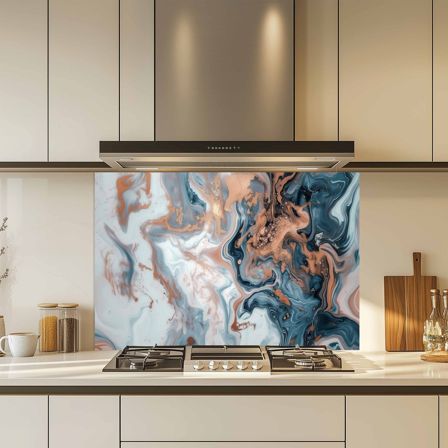 Kitchen with a decorative glass splashback featuring a marble pattern.