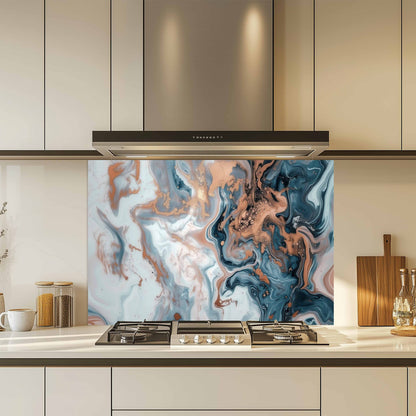 Kitchen with a decorative glass splashback featuring a marble pattern.