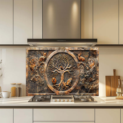 Decorative kitchen backsplash with tree of life design and animals in a modern kitchen.