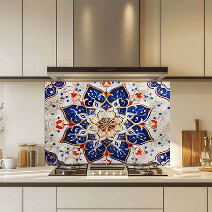 Decorative glass backsplash with a colorful geometric pattern in a kitchen setting.