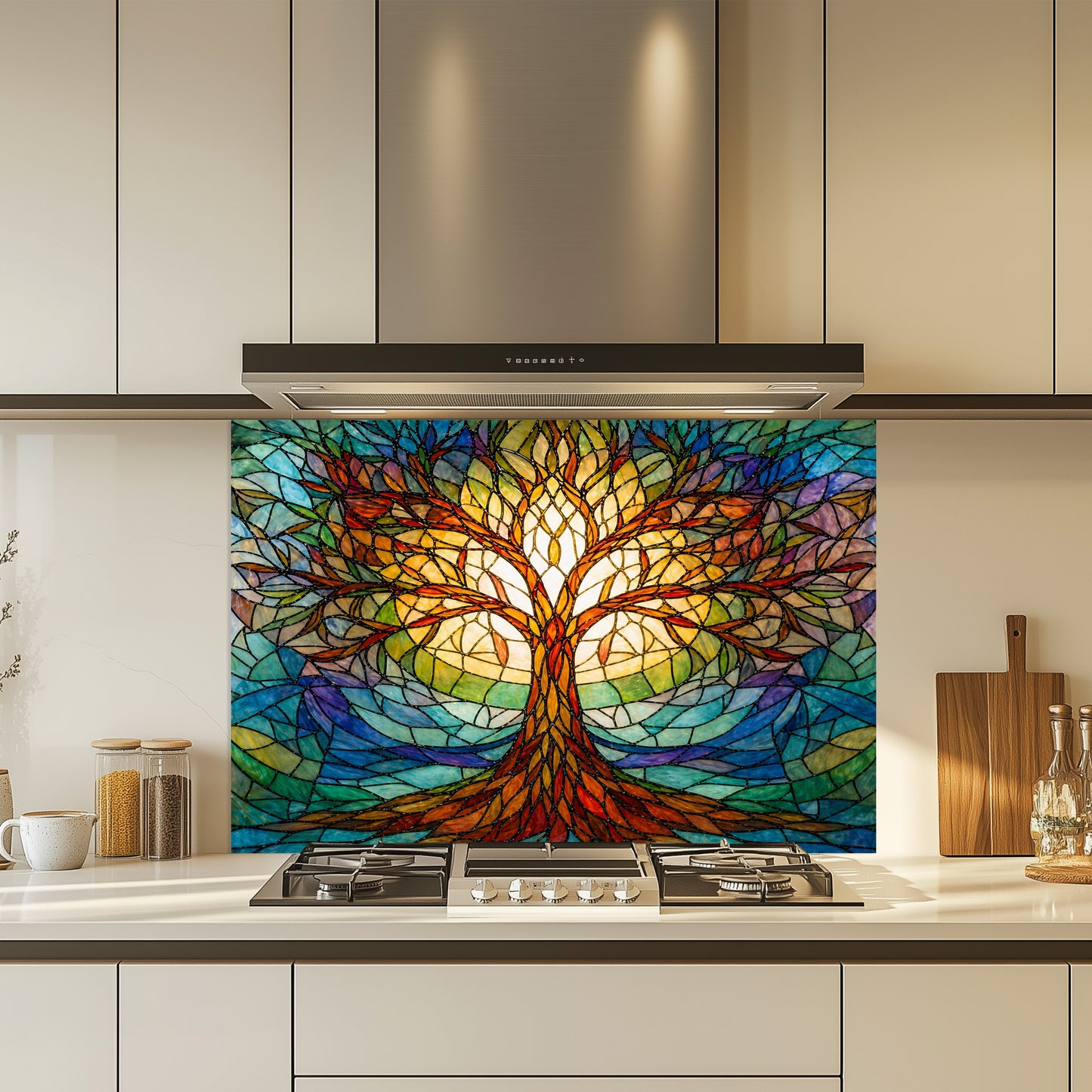 Colorful stained glass-style tree of life glass backsplash in a kitchen