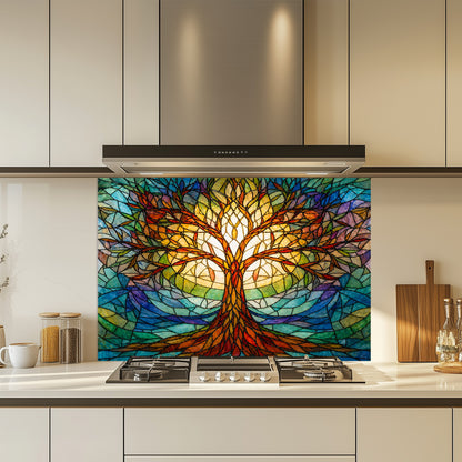 Colorful stained glass-style tree of life glass backsplash in a kitchen