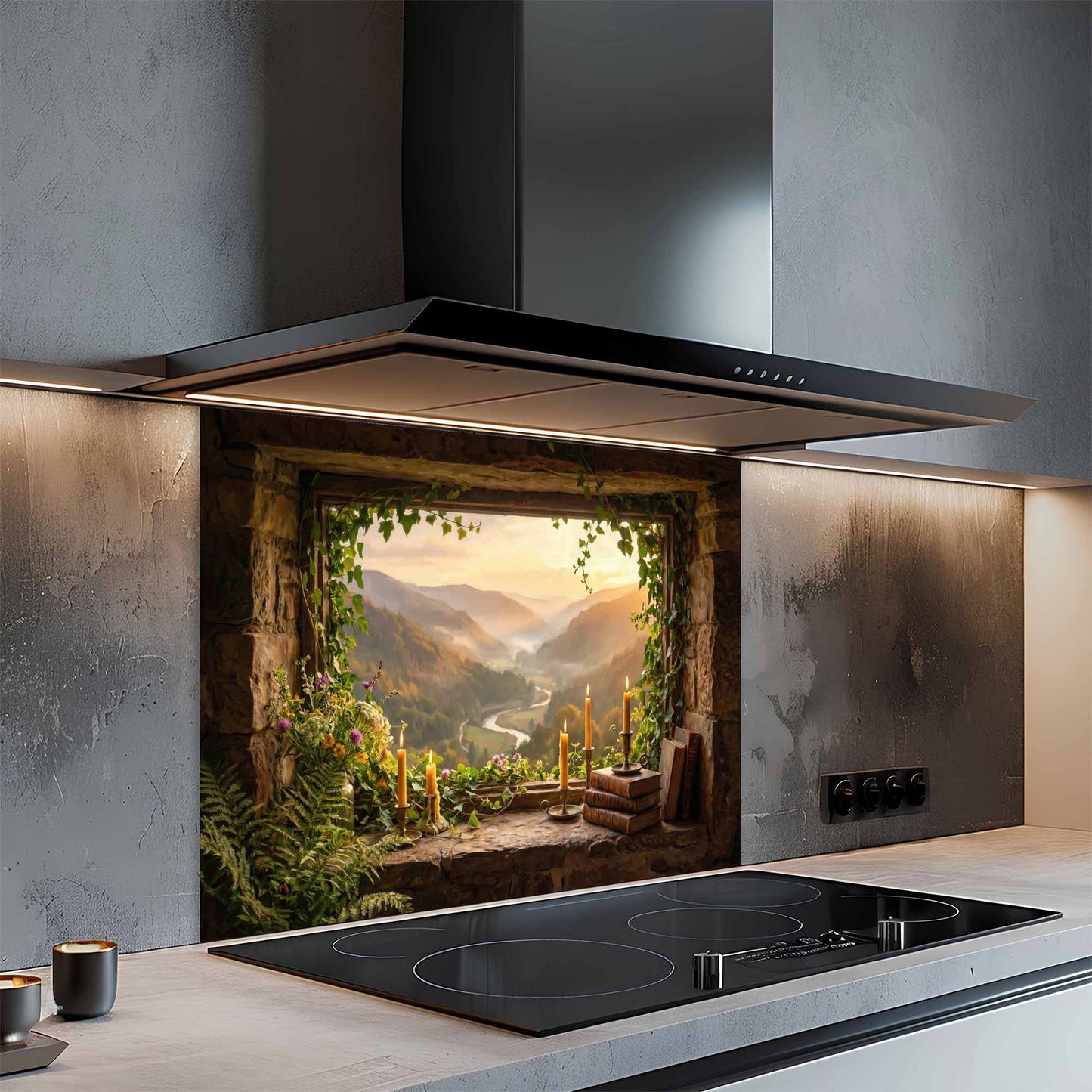 Modern kitchen with a decorative glass backsplash featuring a scenic landscape.
