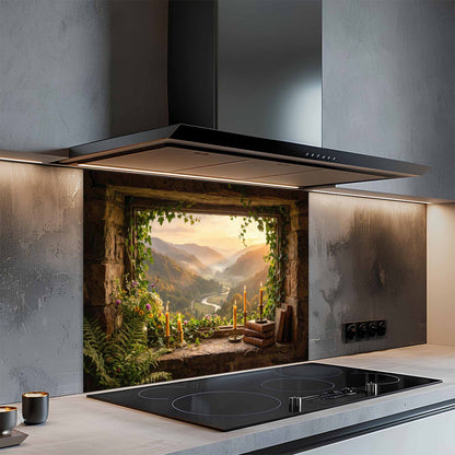Modern kitchen with a decorative glass backsplash featuring a scenic landscape.