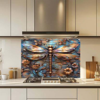Decorative glass splashback with a dragonfly design in a kitchen setting