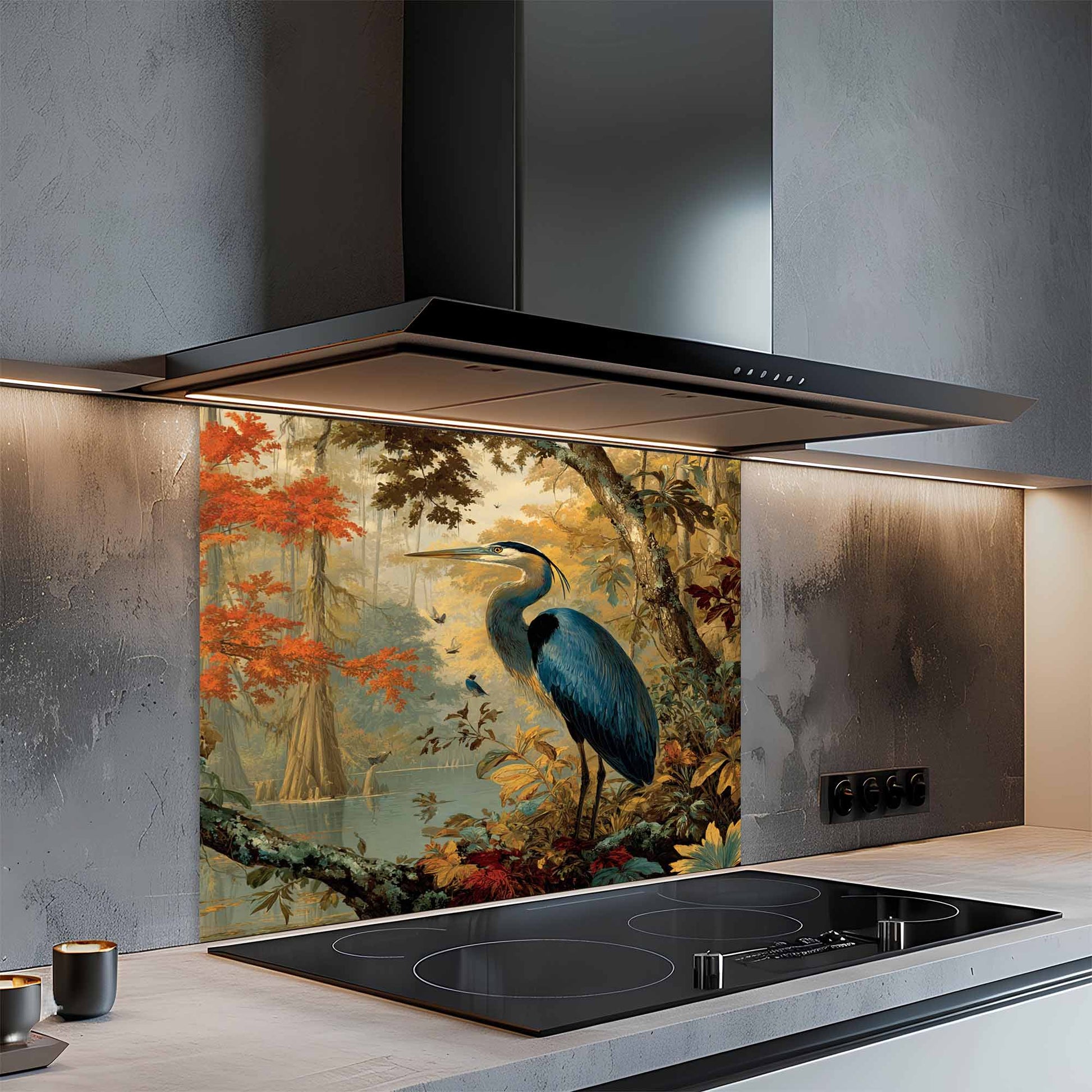 Modern kitchen with a decorative glass splashback featuring a heron and nature scene.