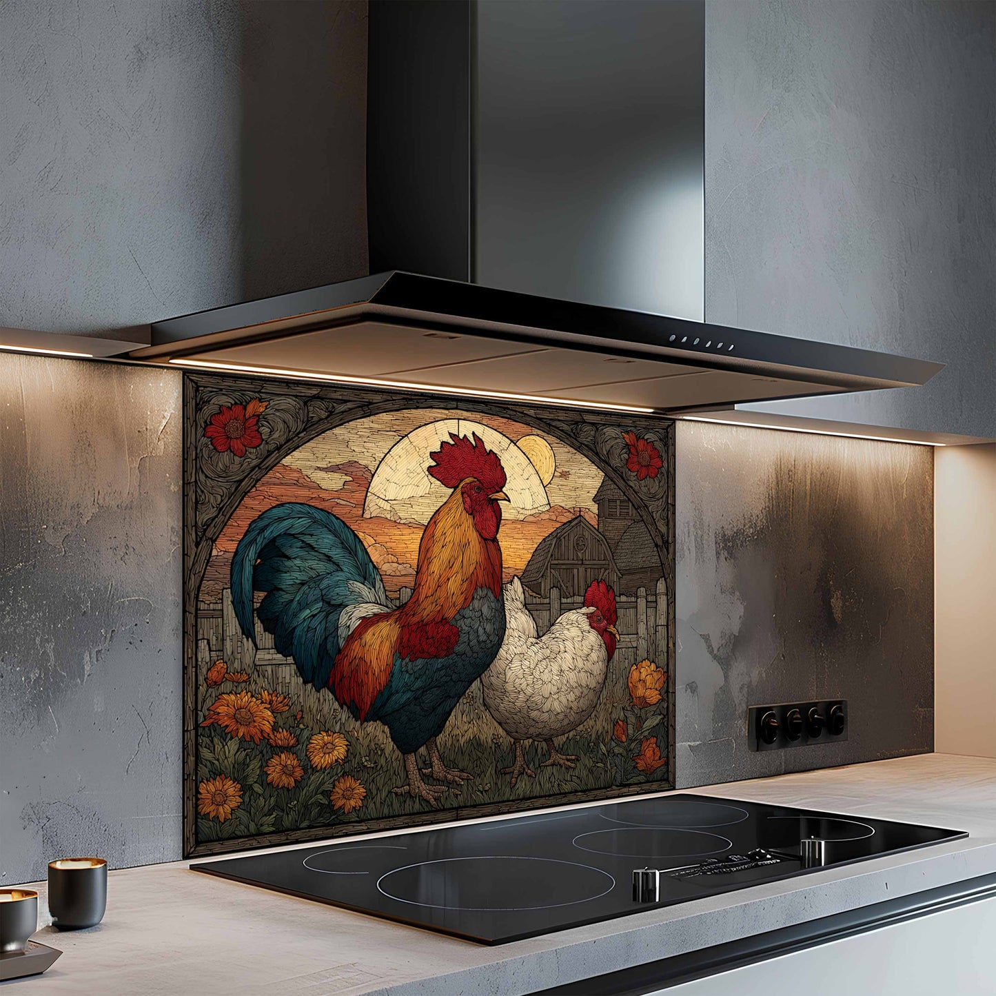 Kitchen with a decorative glass splashback featuring rooster and hen design.