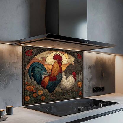 Kitchen with a decorative glass splashback featuring rooster and hen design.