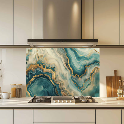 Kitchen with a decorative backsplash featuring blue and gold geode design.