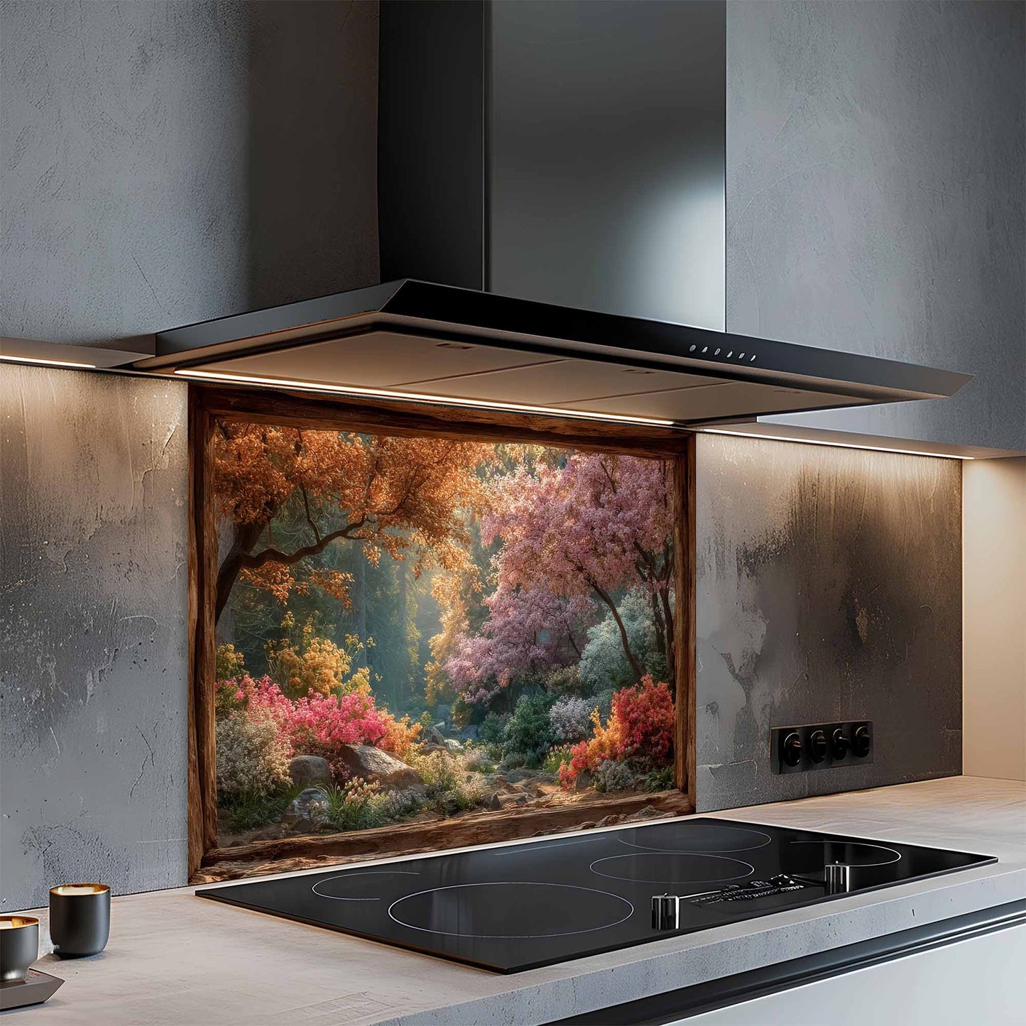 Modern kitchen with a decorative glass backsplash featuring a forest scene above a stove.