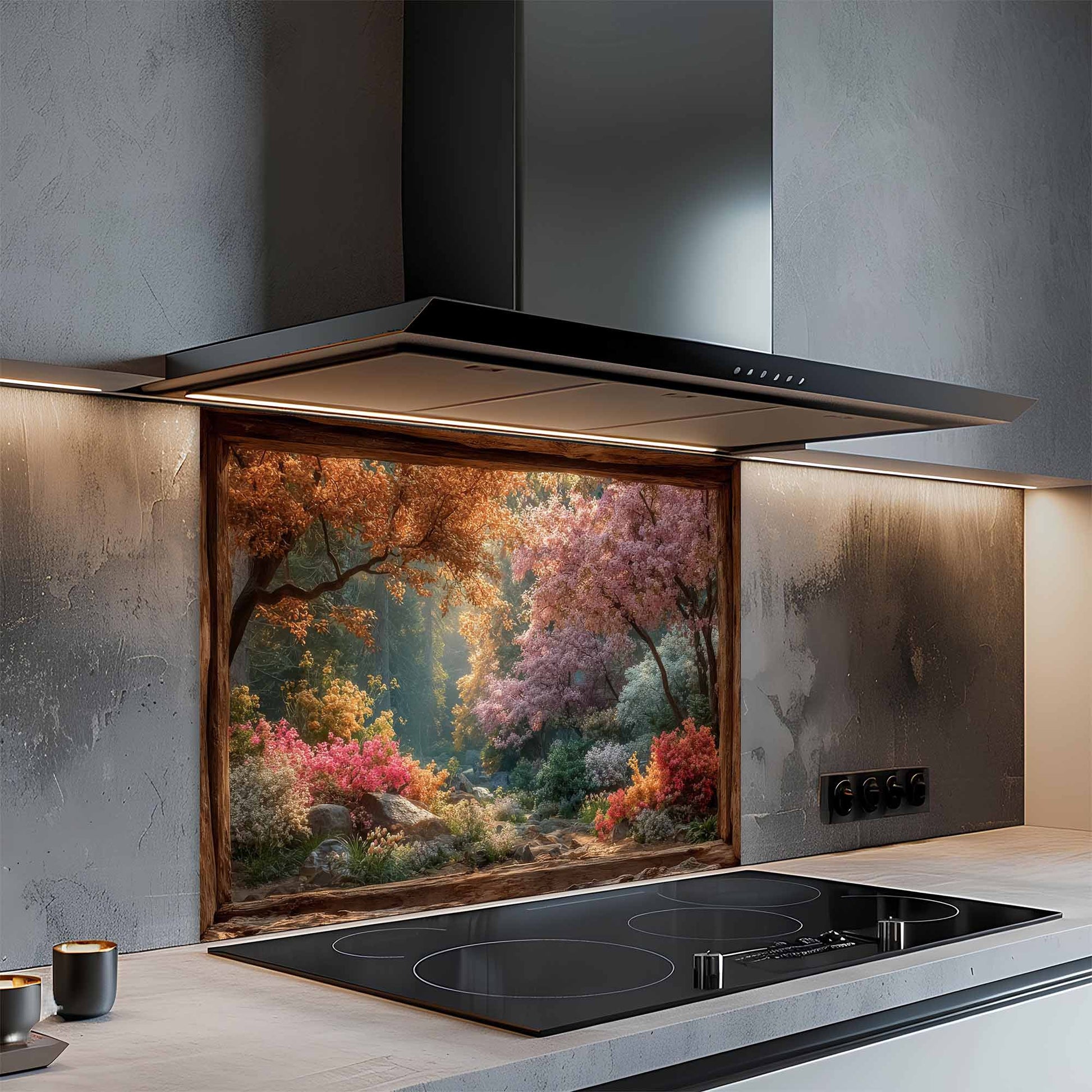 Modern kitchen with a decorative glass backsplash featuring a forest scene above a stove.