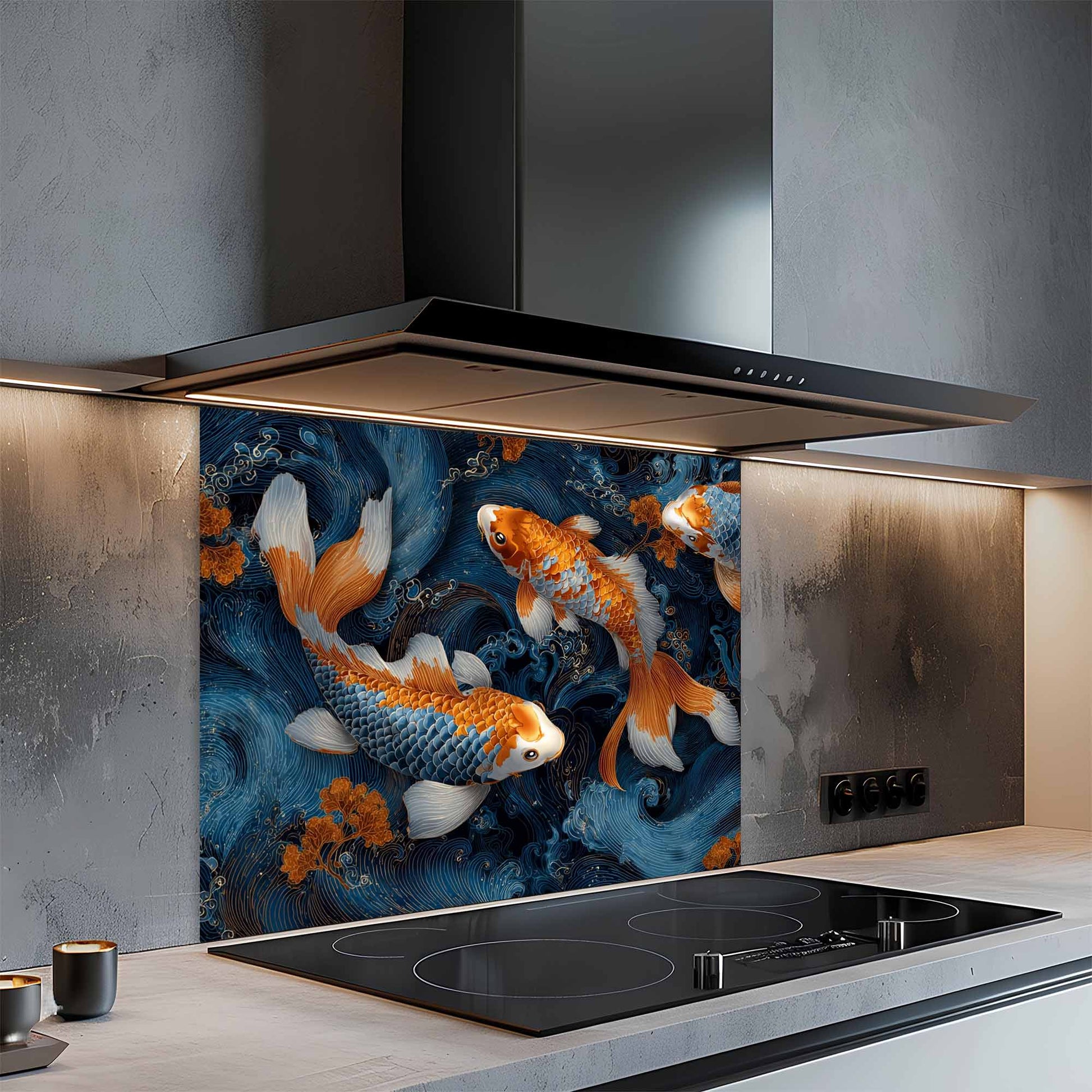 Modern kitchen with a glass splashback featuring koi fish design.