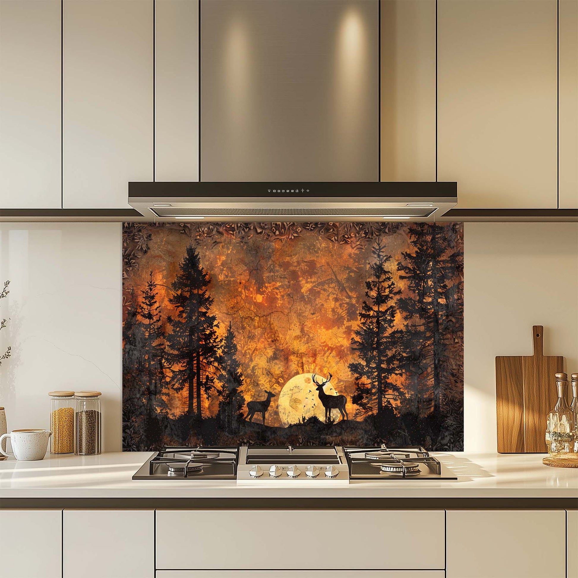 Kitchen with a decorative glass splashback featuring a forest scene with deer.