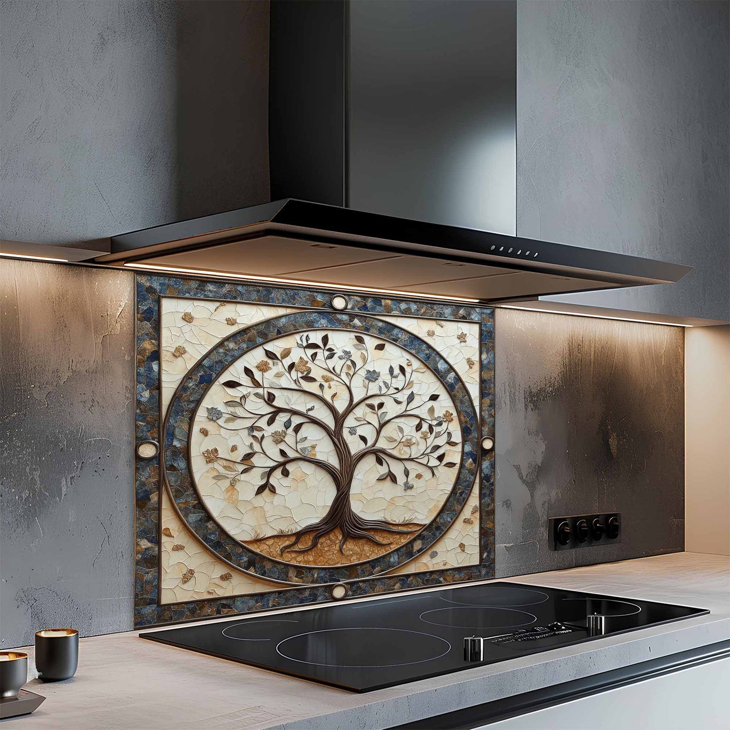 Modern kitchen with decorative splashback featuring a tree design.