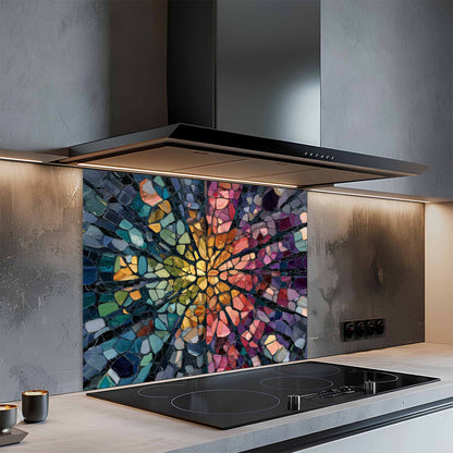 Modern kitchen with a colorful glass splashback behind a stove.