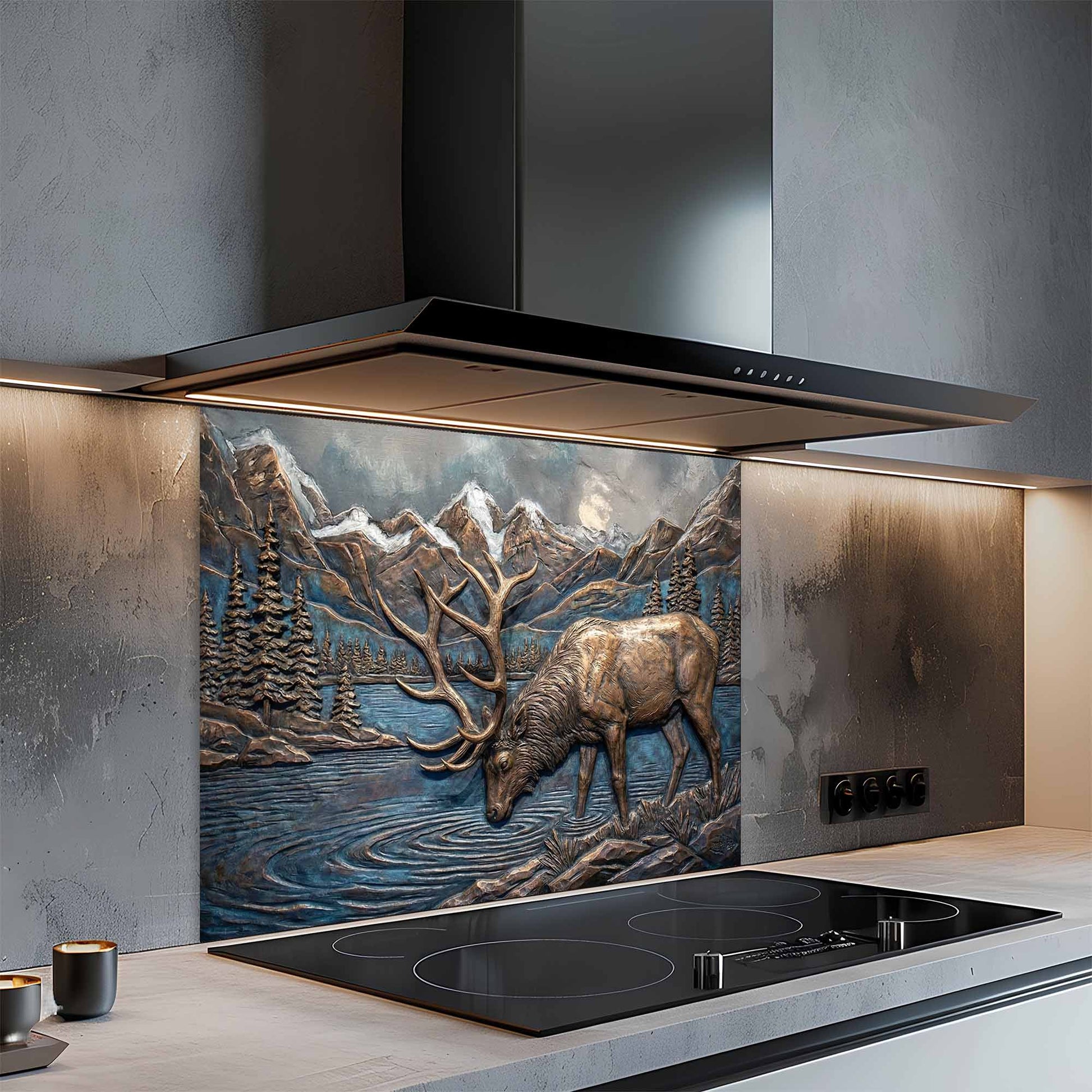 Modern kitchen with a decorative glass backsplash featuring a deer and mountain scene.