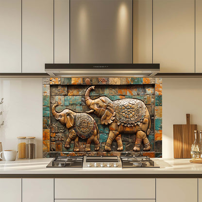 Decorative glass backsplash with elephant design in a kitchen setting