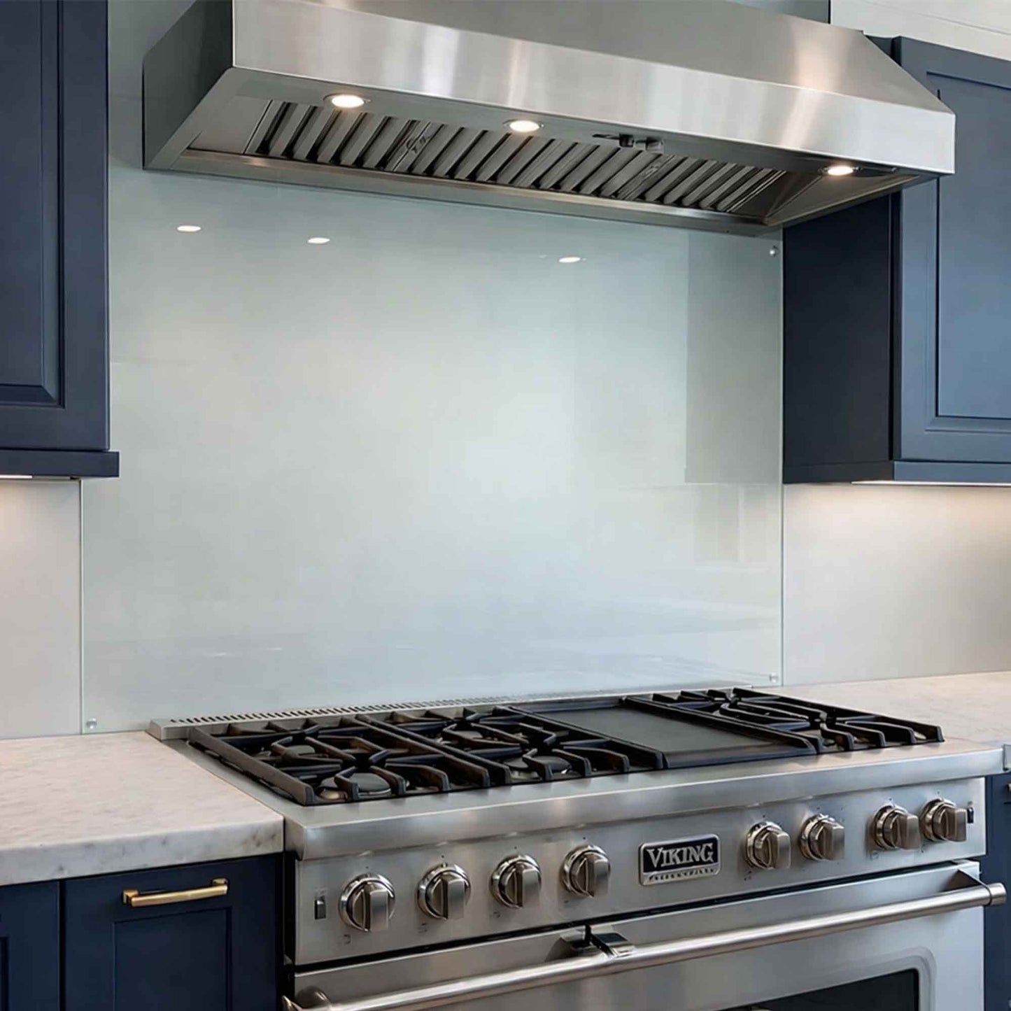 Stainless steel Viking stove with a modern kitchen tempered glass panel custom size