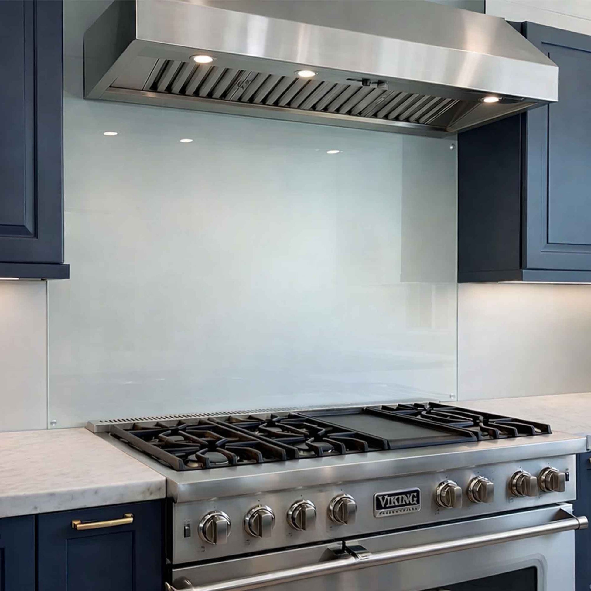 Stainless steel Viking stove with a modern kitchen tempered glass panel custom size