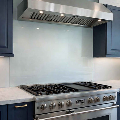 Stainless steel Viking stove with a modern kitchen tempered glass panel custom size