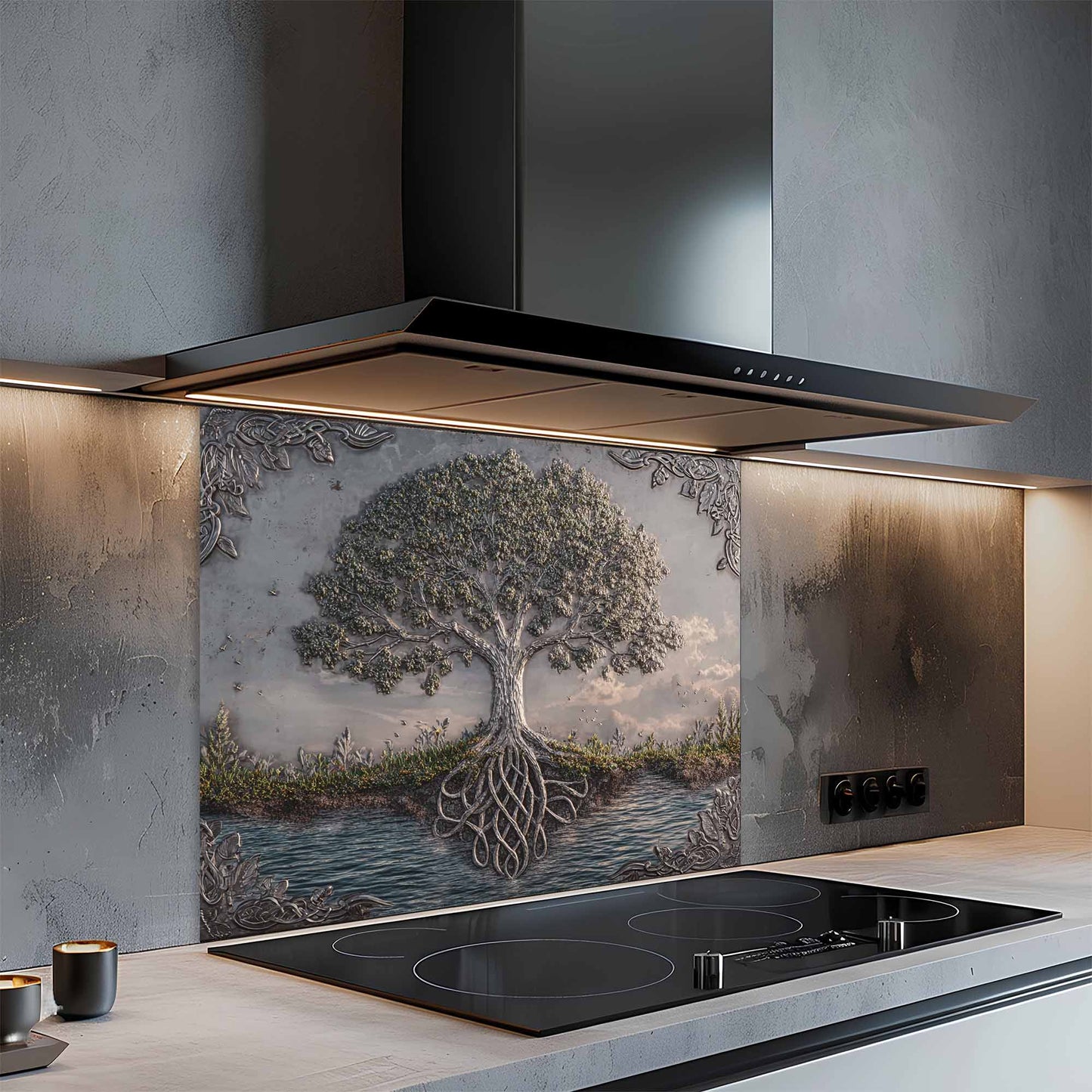 Modern kitchen with a decorative glass splashback featuring a tree design.