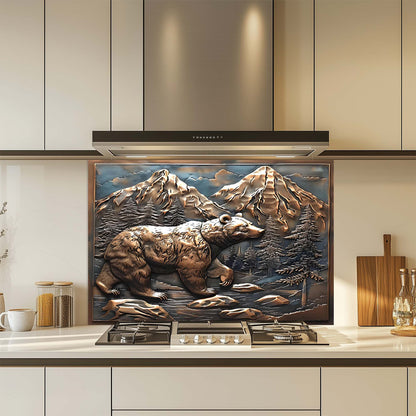 Decorative glass backsplash of a bear and mountains above a stove in a kitchen.