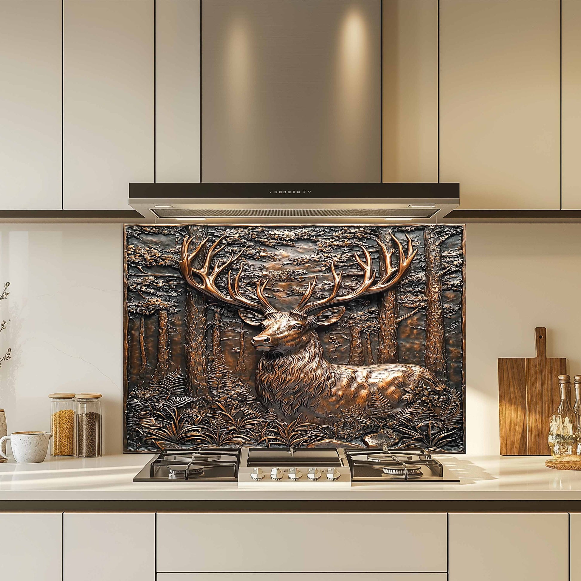 Decorative kitchen backsplash with a deer design above a kitchen stove.