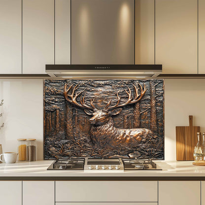 Decorative kitchen backsplash with a deer design above a kitchen stove.